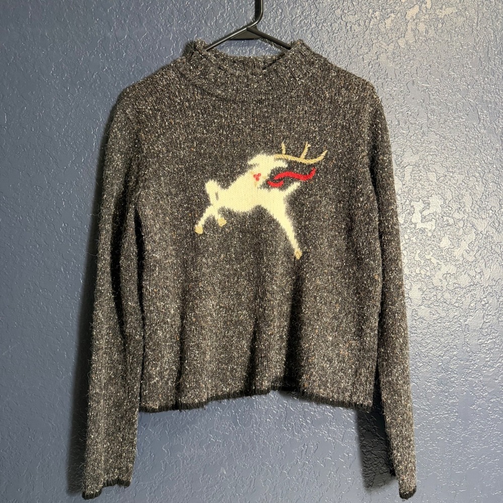 Villager Reindeer Sweater Petite M Gray Marled Silk Blend Mock Neck‎ Holiday